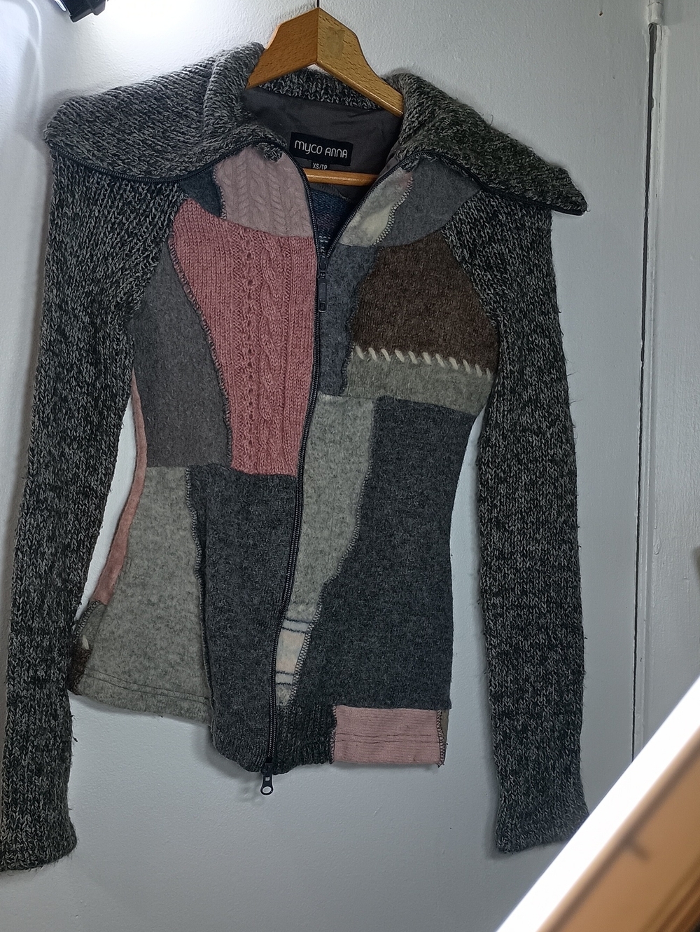 Patchwork Zip Cardigan Sweater in Pink & Gray